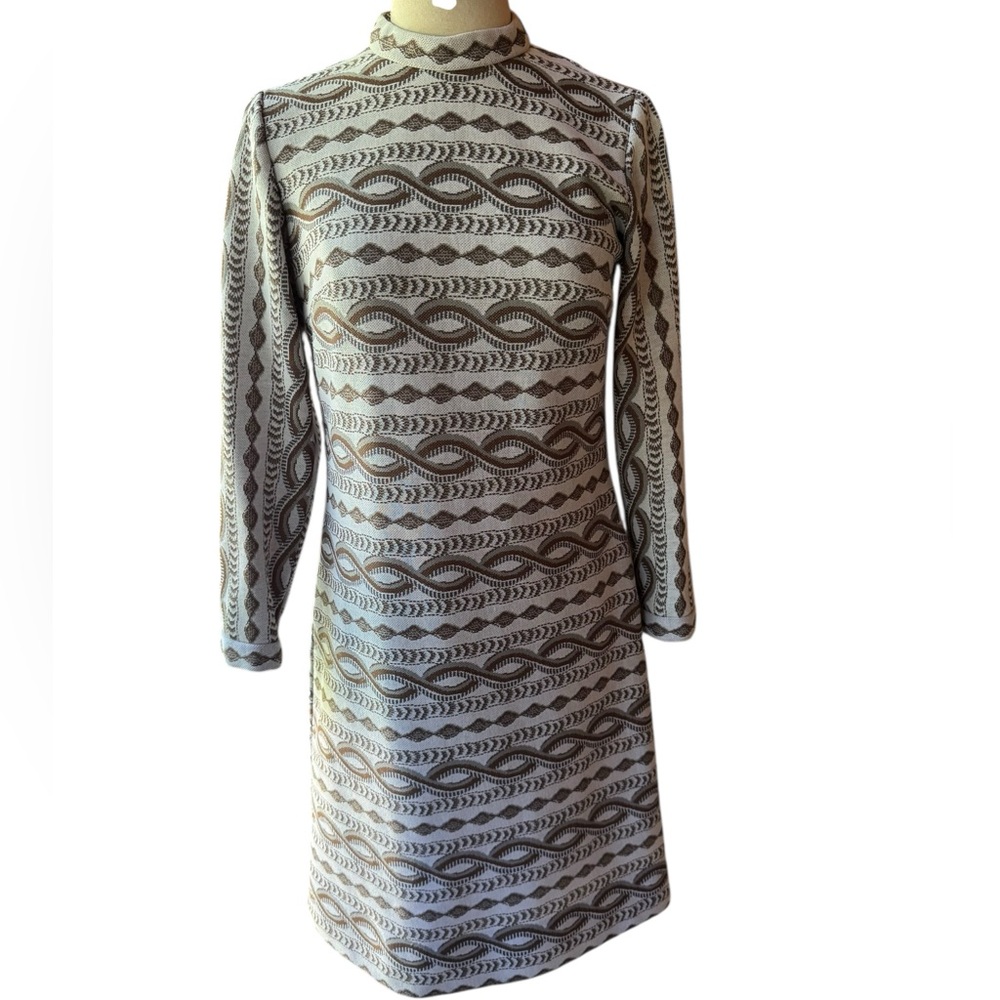 Early 1970s Leslie Fay Knits Double Knit Poly Mock Neck MIDI Dress